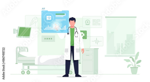 Innovative healthcare: Doctor using augmented reality in a modern hospital setting for data analysis