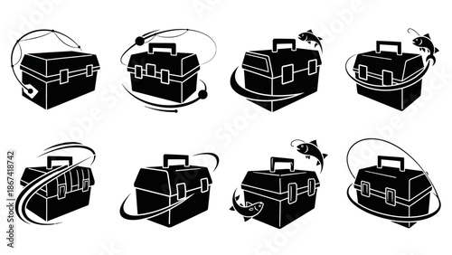Set of fishing tackle box icons and graphics showcasing different designs with dynamic swirls and jumping fish, ideal for fishing gear, outdoor hobbies, and related themes
