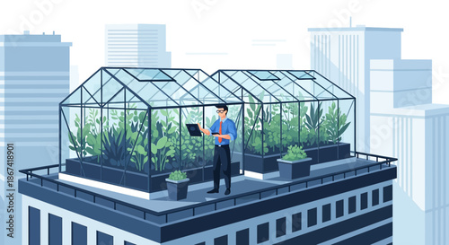 Innovative urban farming on rooftop greenhouses offering fresh produce in the cityscape environment