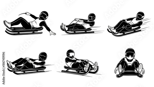 A set of black and white vector illustrations depicting various sledding and luge poses, showcasing athletes in motion on winter sports equipment with speed lines