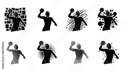 Diverse set of water polo player illustrations showcasing dynamic poses and artistic interpretations, ideal for water sports, athletic themes, and graphic design projects