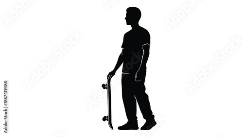 Silhouette of a skateboarder with board isolated on a plain white background