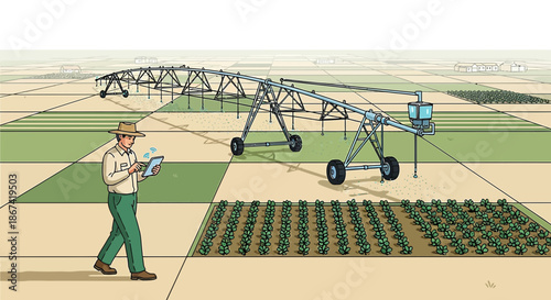 Modern agriculture illustration showcasing smart farming techniques using center pivot irrigation