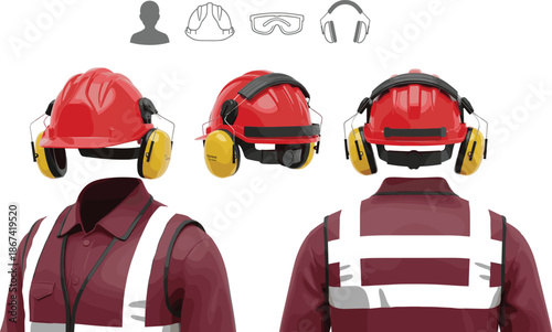 Vector illustration set of industrial safety gear featuring red hard hats with yellow ear muffs and high visibility reflective work wear vests.