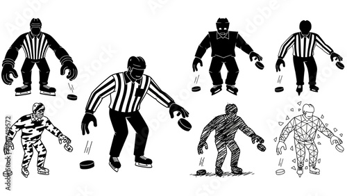 A collection of black and white vector illustrations portraying diverse hockey players and referees in dynamic action with pucks, showcasing various artistic styles and compositions