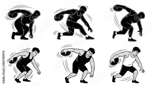 six powerful discus thrower silhouettes demonstrating various stages of athletic performance in motion, capturing strength and technique for sports art