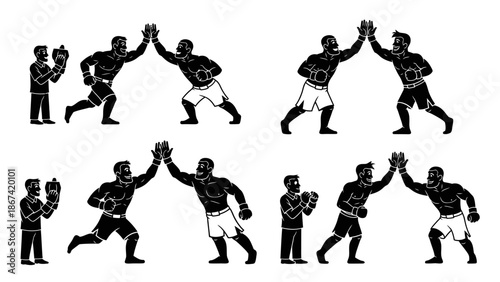 Four monochrome illustrations capturing different high-five moments between boxers and their coaches or partners, showcasing teamwork, victory, and encouragement in a boxing setting