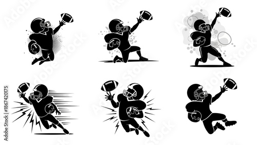 Dynamic american football player catching ball mid air, jumping and diving for score, action poses with motion effects, isolated on white background, energetic game moments
