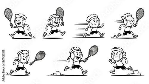 Cartoon boy playing tennis with racket and ball in various action poses set isolated on white background, comic character practicing tennis in different movements collection
