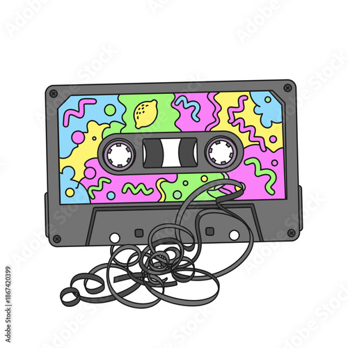 Vibrant Retro Cassette Tape with Tangled Magnetic Tape and 90s Design