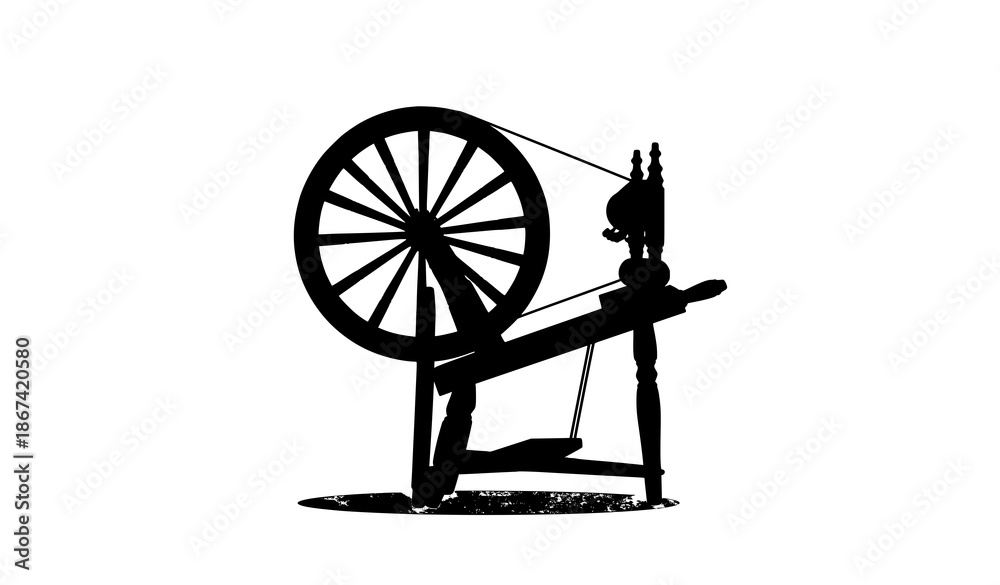Fototapeta premium Vintage spinning wheel flat vector illustration with shadow isolated on white