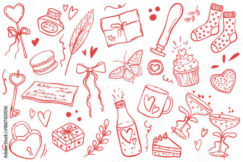 Hand drawn Valentines Day elements Collection. Vintage vector doodle illustrations Set. Cute hearts, ribbon, cake, sweets, love letter, bows, key, gift, stamp