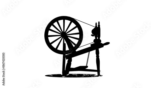 Vintage spinning wheel flat vector illustration with shadow isolated on white