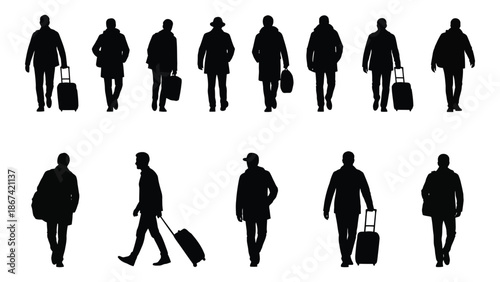 Silhouettes of people walking carrying luggage and dressed in formal attire