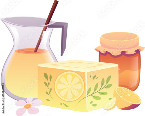 A bar of yellow soap with a jug, a jar of honey, lemon, and a chamomile flower.