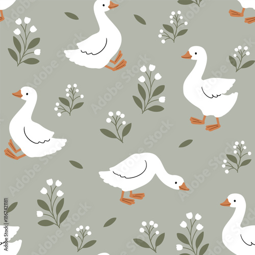 Seamless vector pattern with cute white goose. Hand drawn vector duck, with tiny flowers. Perfect for textile, wallpaper or nursery print design. 