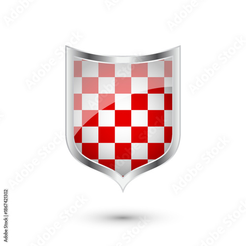 Glossy shield with red and black pattern. Security and protection concept. Cyber safety icons, internet privacy, web defense, digital data protection and antivirus themes. Vector illustration.