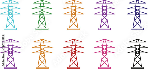 Colorful Electric Power Transmission Towers in Various Colors and Styles Keywords: electricity, power, transmission, tower