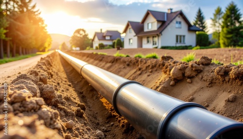 Wallpaper Mural Warm golden, backlit view of a large utility pipeline being laid in a trench near suburban homes. Torontodigital.ca