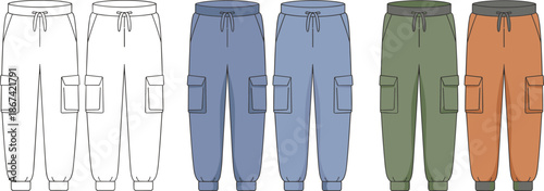 Flat lay fashion design sketches of cargo pants in multiple colors and outline trousers clothing