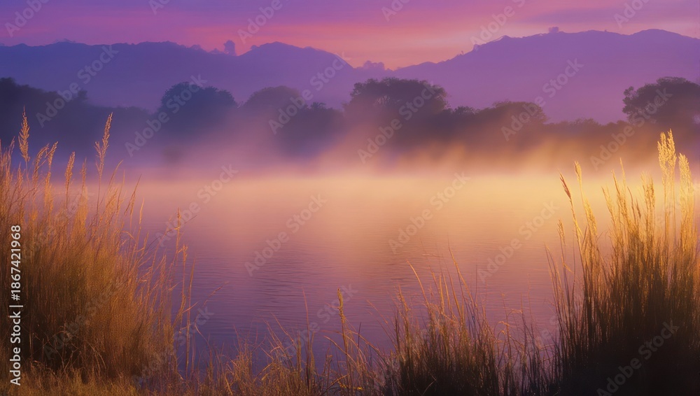 Fototapeta premium Misty Sunrise Over Golden Field with Distant Mountains.