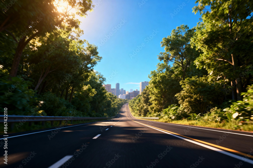 Fototapeta premium Asphalt Road Leading to Urban Skyline Through Forest