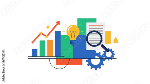 Business Growth Chart with Light Bulb and Magnifying Glass