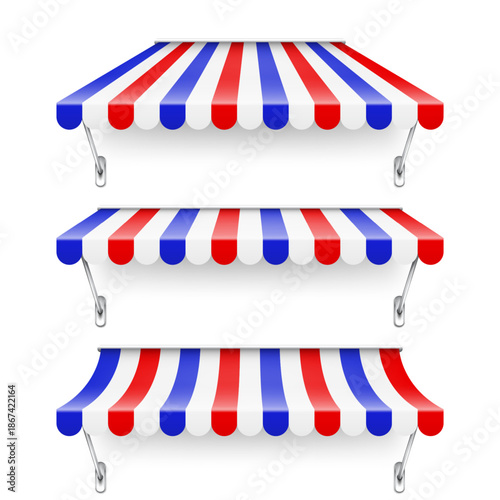 Shop sunshade. Realistic striped cafe awning. Outdoor market tent. Roof canopy. Summer street store. Vector illustration.