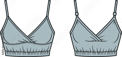 Front and back technical drawing outline of a light blue wrap style bralette lingerie undergarment