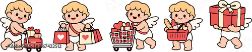 set of colorful cupids with different carts and baskets with various products in them, for stickers, holiday printing or other thematic designs