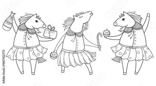 Set with outline cute horses and New Year symbols in black isolated on white background.