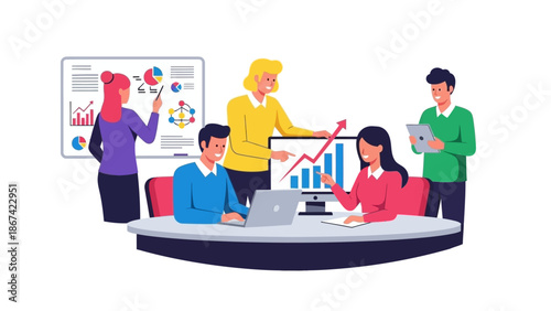 Business team analyzing charts and graphs on computer screen