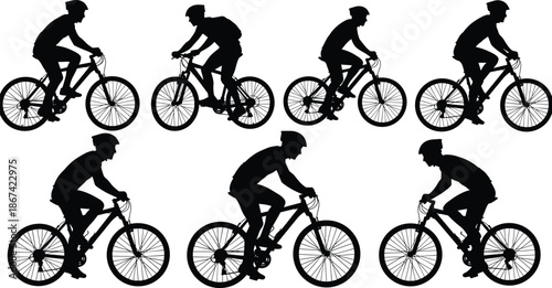 Cyclist silhouettes riding bicycles in different poses, black bike rider icons set, urban cycling activity isolated on white background