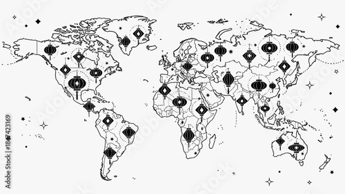 Black and white world map illustration.