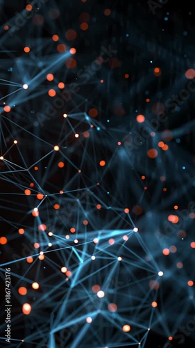 Dynamic abstract visualization of a digital network with interconnected glowing orange spheres and blue light trails against a dark, blurred background.