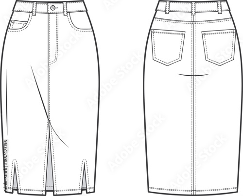 Front and back view of a denim pencil skirt fashion flat illustration on white denim skirt clothing