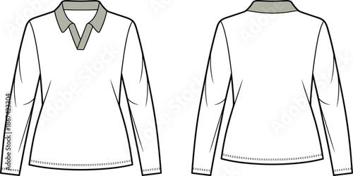 Front and back view of a black and white outline drawing of a long sleeve polo shirt clothing apparel