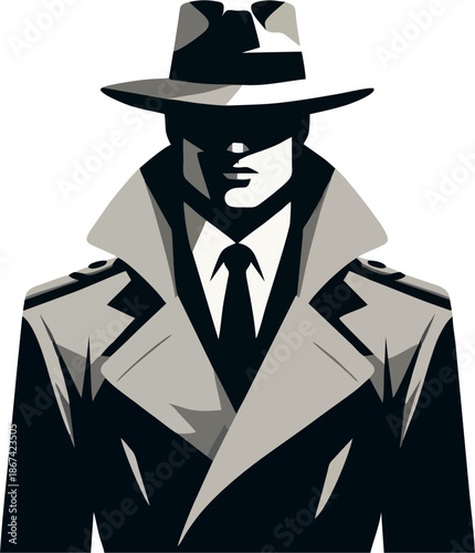Noir Spy Agent In Classic Trench Coat, Vintage Detective Graphic Vector Illustration