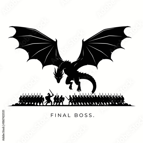 Giant dragon boss attacking an army vector illustration