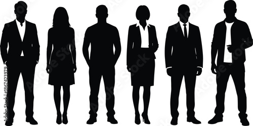 Diverse professional business team in smart casual attire standing together, corporate colleagues group, marathon runners silhouette, healthy office lifestyle illustration