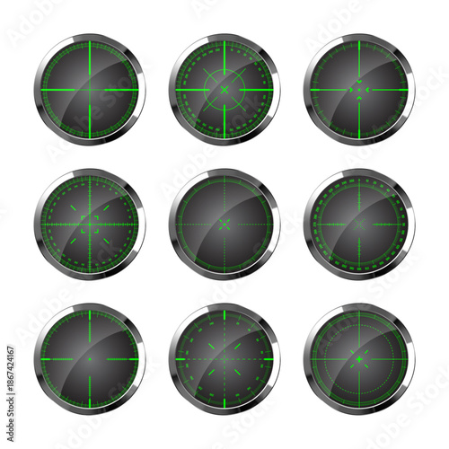 Chrome weapon night sights, sniper rifle optical scopes. Hunting gun viewfinder with crosshair. Aim, shooting mark symbol. Military target sign, silhouette. Game UI element. Vector illustration.