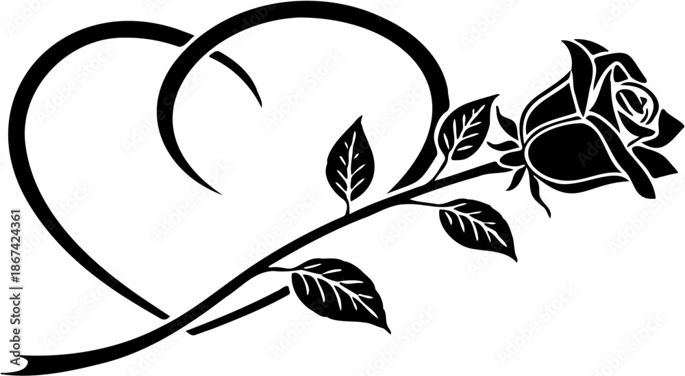 Fototapeta premium Romantic Heart and Rose Silhouette Vector Illustration