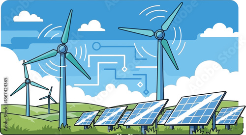 Renewable energy generation featuring multiple wind turbines and solar panels working together to create a smart electrical power grid illustration
