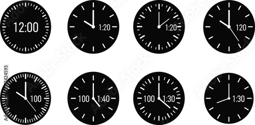 Black vector icon set of analog and digital clock faces featuring various time displays with white hands and minimalist circular dial designs.
