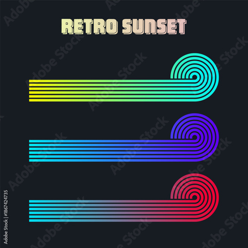 Vintage colorful sunset. Various gradient striped sunrise badges in 80s and 90s style. Sun and ocean view, summer vibes, surfing. Design element for print, logo or t-shirt. Vector illustration.
