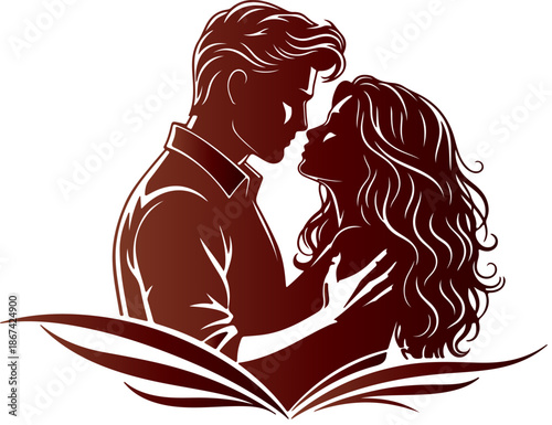 Intimate silhouette graphic depicting a romantic couple embracing closely with flowing decorative elements suggesting deep affection and everlasting commitment