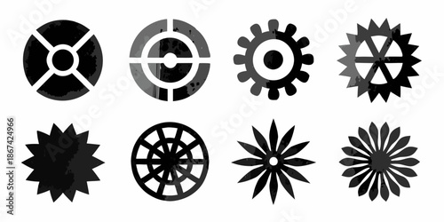 A collection of diverse black and white circular mechanical and floral designs