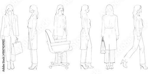 Fashion sketches of women in business attire and a modern office chair
