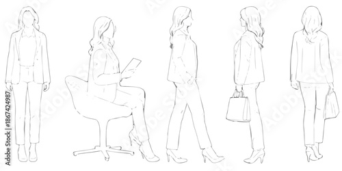 Line art illustrations of fashionable women in various poses and outfits