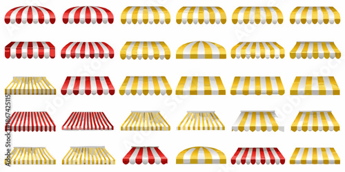 A collection of colorful striped awnings in red and yellow hues